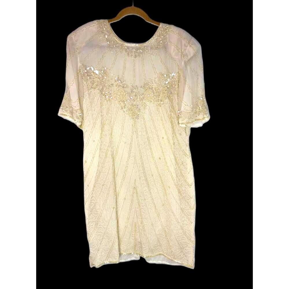 Vintage Cream 100% Silk Hand beaded and embroidered Cocktail Dress sz 16